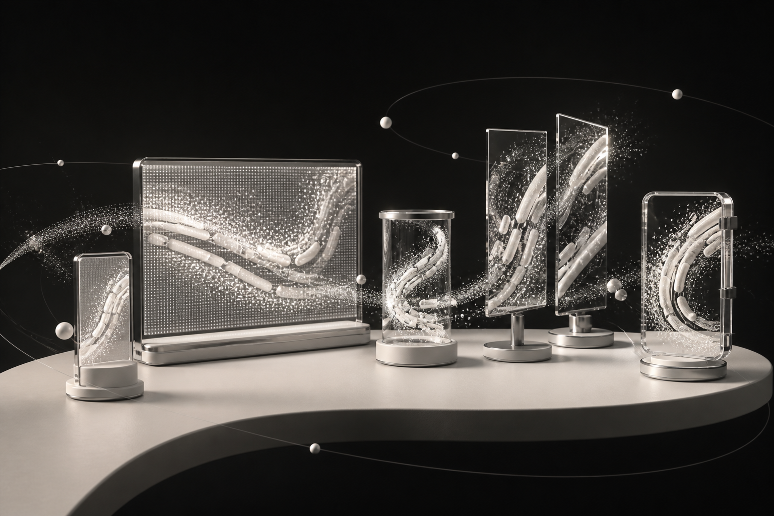 Art-directed render of one visual idea adapted across five coordinated museum display formats