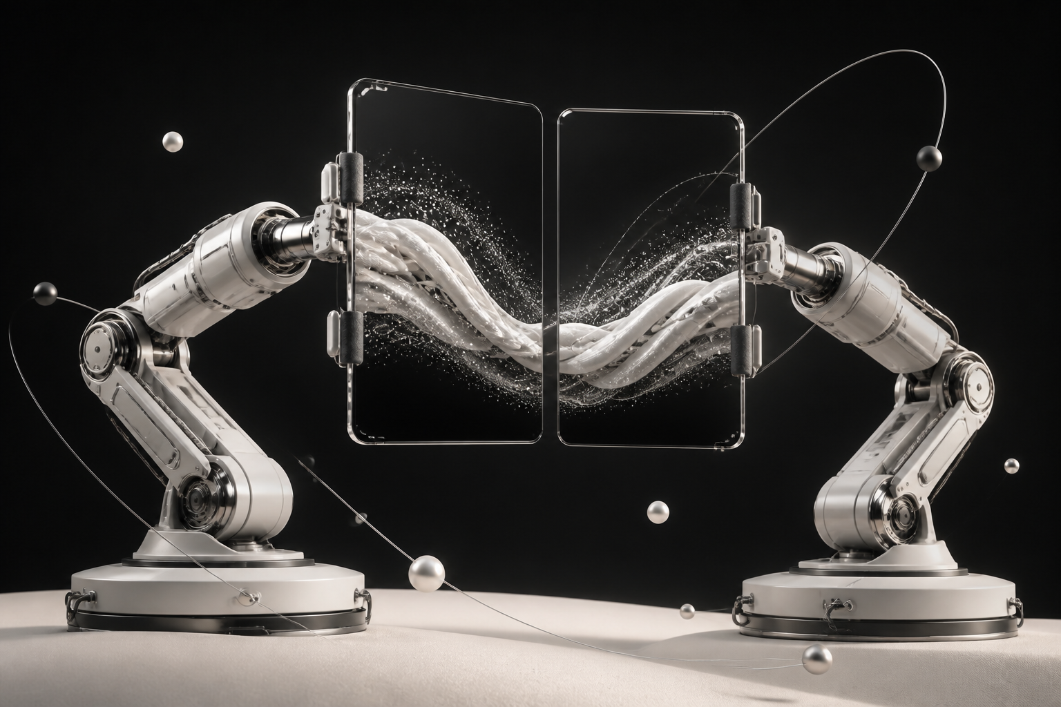 Art-directed concept render of two robotic arms carrying separate screens that align to form one continuous visual canvas