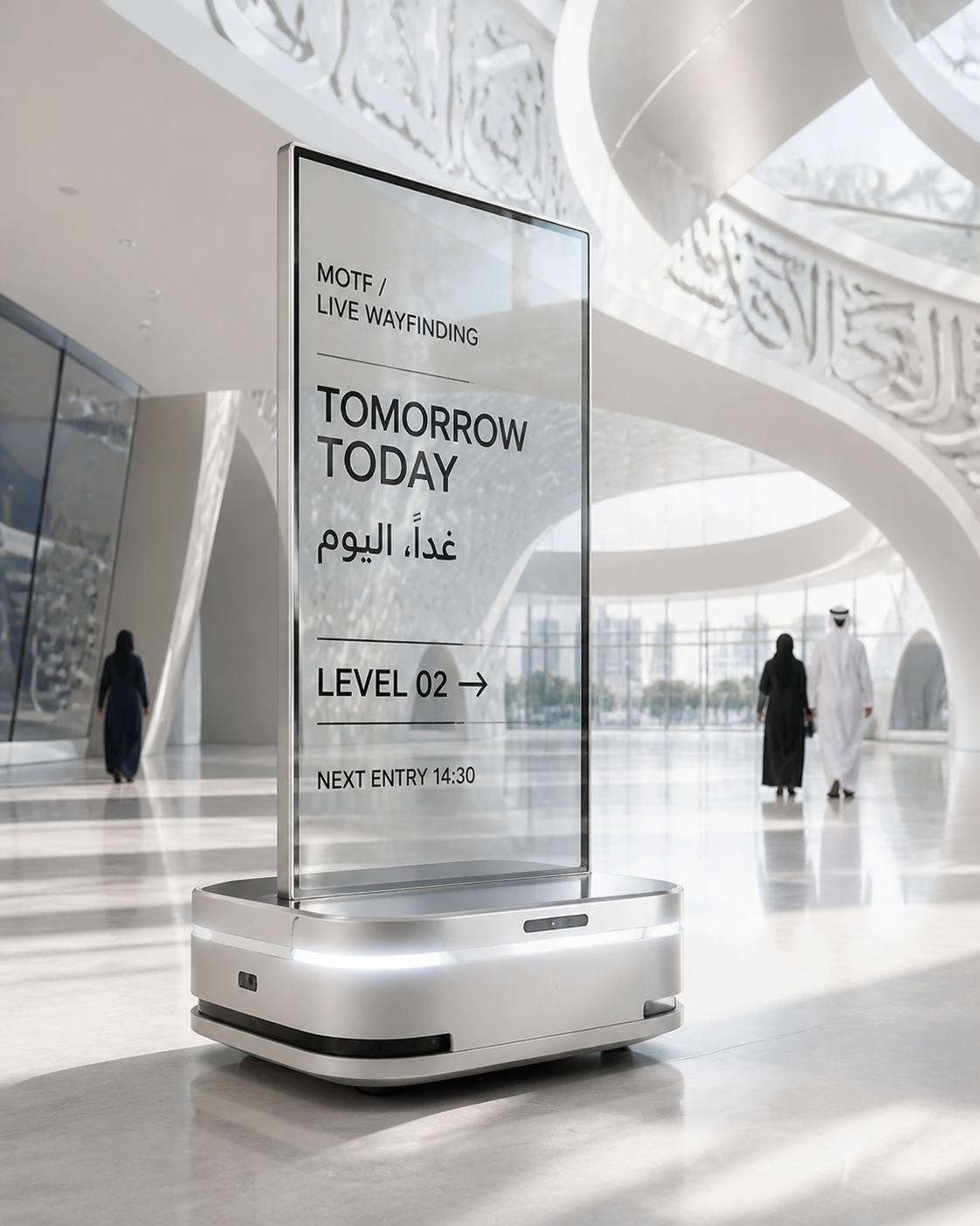 Concept render of a 55-inch transparent OLED wayfinding display mounted on a white and silver autonomous robot base inside a bright museum atrium