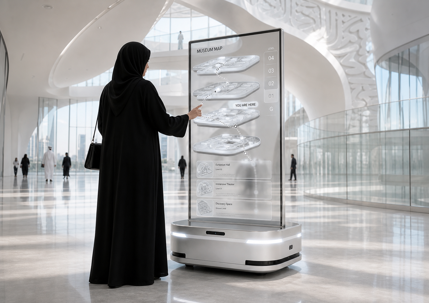 Museum visitor touching an interactive three-dimensional map on a parked transparent OLED information robot