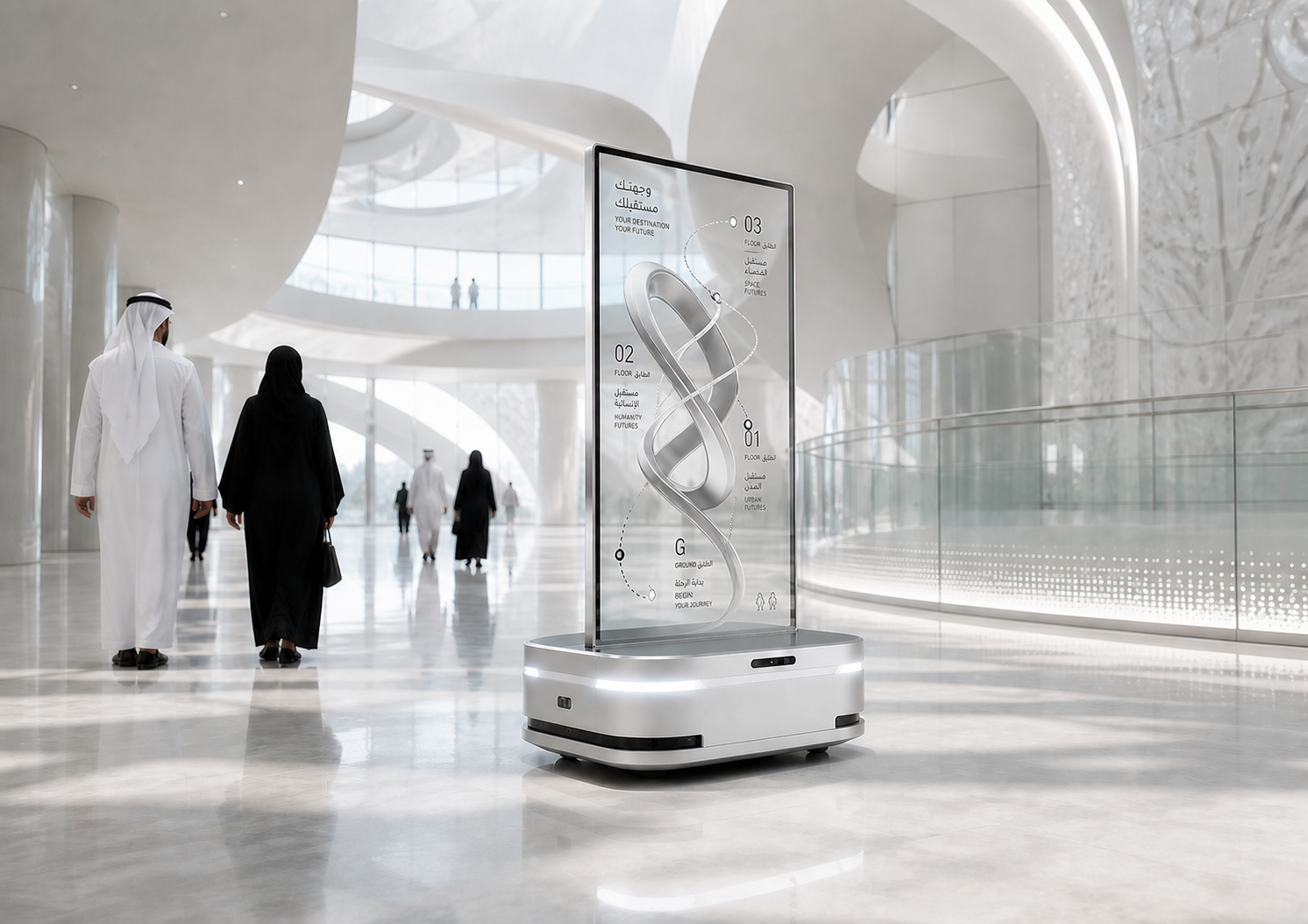 Wide concept render of a transparent OLED robot showing dimensional calligraphic wayfinding content inside a bright museum atrium